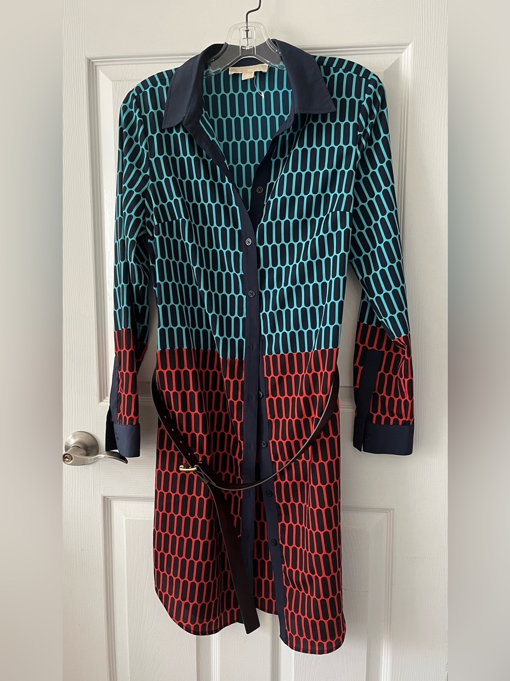 MICHAEL Michael Kors Teal and Red Geometric Shirt Dress